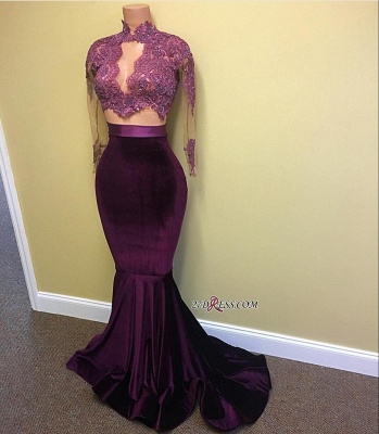 Mermaid Long-Sleeve High-Neck Lace-Appliques Modest Prom Dress UK CE0072_1