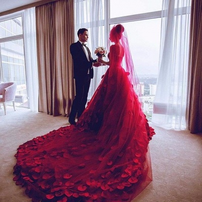 Red Tulle Princess Wedding Dress Flowers Court Train_4