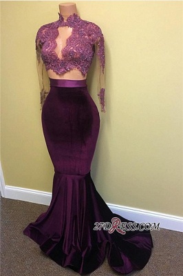 Mermaid Long-Sleeve High-Neck Lace-Appliques Modest Prom Dress UK CE0072_2