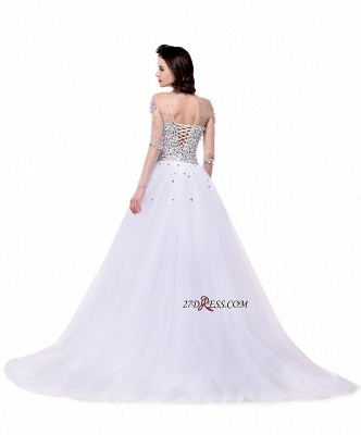 Long-Sleeves Crystal Elegant Lace-Up Tulle Wedding Dress_4