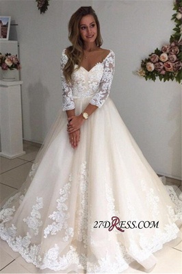 Backless Appliques Lace Long A-Line Sleeves Ivory Tulle Wedding Dresses UK_3