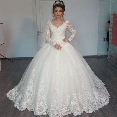 Tulle V-Neck Ball Elegant Lace Long-Sleeves Wedding Dress_2