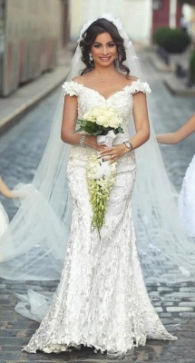 Gorgeous Off-the-Shoulder Wedding Dress Lace Appliques Sexy Mermaid Floor Length_1