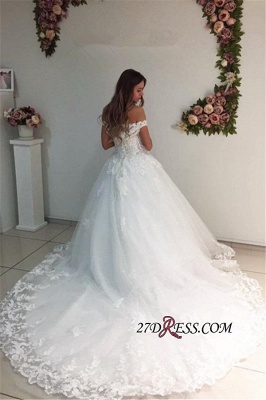 Off-the-Shoulder Lace Appliques A-Line Strapless White Wedding Dresses UK_1