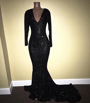 Black sequins prom Dress UK Long sleeve mermaid evening gowns V-Neck_3