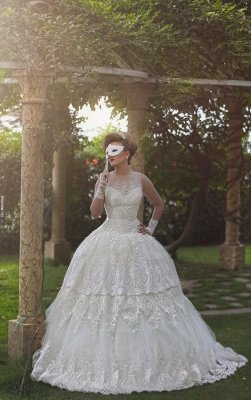 Elegant Tulle Lace Appliques Illusion Wedding Dress Ball Gown Zipper_2