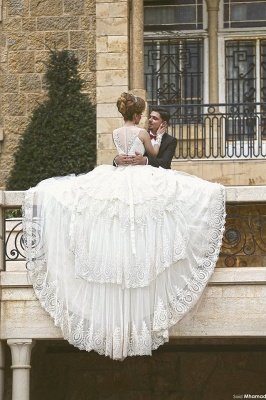 Elegant Tulle Lace Appliques Illusion Wedding Dress Ball Gown Zipper_4
