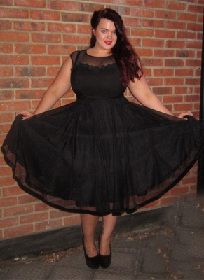 Cap-Sleeve A-line Plus-Size Black Jewel Tea-Length Prom Dress UK BA6869_1