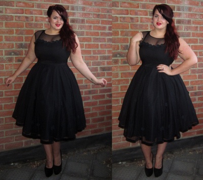 Cap-Sleeve A-line Plus-Size Black Jewel Tea-Length Prom Dress UK BA6869_3