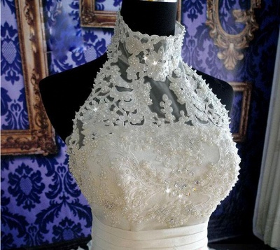 Gorgeous Ruffles Lace High Neck Wedding Dress Court Train Zipper_2