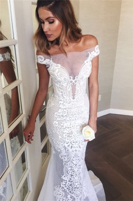 Off The Shoulder Sheer Tulle Bride Dress Lace Appliques Sexy Mermaid Buttons Wedding Dress_3