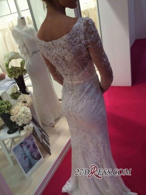 Lace Buttons Sexy Mermaid Appliques Crystal Long-Sleeves Elegant Wedding Dress_1