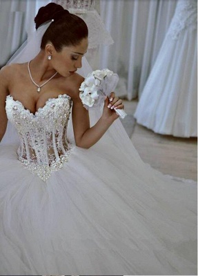 Elegant Sweetheart Sleeveless Tulle Wedding Dress With Appliques Beadss_1