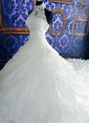 Gorgeous Ruffles Lace High Neck Wedding Dress Court Train Zipper_1