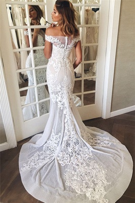 Off The Shoulder Sheer Tulle Bride Dress Lace Appliques Sexy Mermaid Buttons Wedding Dress_4