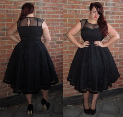 Cap-Sleeve A-line Plus-Size Black Jewel Tea-Length Prom Dress UK BA6869_2