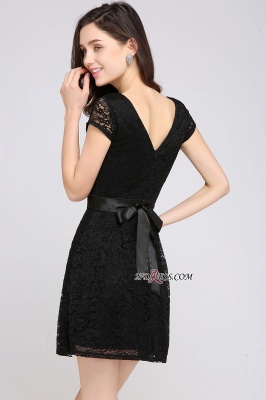 Cap-Sleeves Short Sash Simple Jewel Black Lace Homecoming Dress UK_2