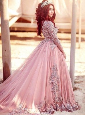 Luxury Long-Sleeve Arabic Style Lace Appliques Tulle Evening Dress UK_1