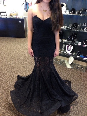 Elegant Black Lace Mermaid Prom Dress UK Sweetheart Sleeveless Sweep Train_1