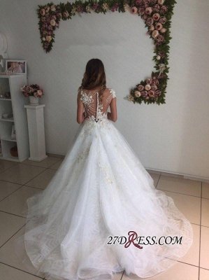 A-Line Beach Court-Train White Lace Tulle Appliques Wedding Dresses UK_2
