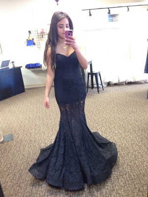 Elegant Black Lace Mermaid Prom Dress UK Sweetheart Sleeveless Sweep Train_3