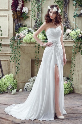 Front Split White Wedding Dress Beadss Sweetheart Sleeveless_6