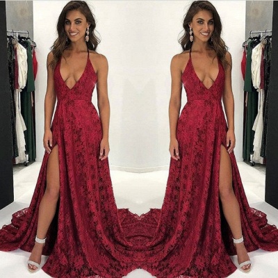 Dark Red Lace Prom Dress UK | V-Neck Evening Gowns With Slit BA9243_3