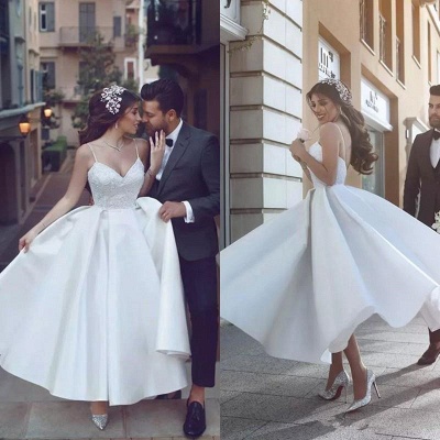 Modest Spaghetti Strap A-line Wedding Dress | White Bridal Gown_3