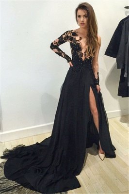 Elegant Black Lace Appliques Prom Dress UK Front Split Long Sleeve Sweep Train_2