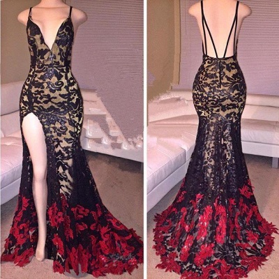 Elegant Black And Red Mermaid Prom Dress UK V-Neck Front Split_2
