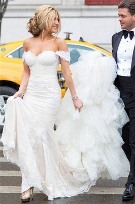 Sexy Mermaid Wedding Dress Strapless Lace Tulle Bridal Gowns with Cathedral Train_4