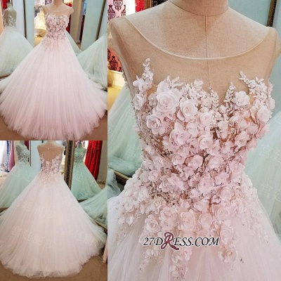 Flowers Ball-Gown Lace-Up Glamorous Cap-Sleeves Wedding Dress_1