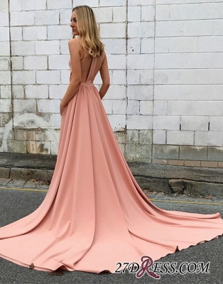 Simple Sleeveless Pink Halter Sweep-trian A-line Evening Dress UK_3