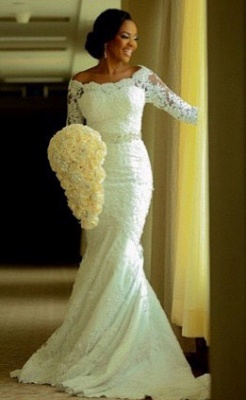 Elegant Half-Sleeve Lace Wedding Dress Sexy Mermaid Crystal Bow Back_2