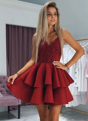 A-Line Layers Homecoming Dress UKes UK | Spaghetti Straps Lace Cocktail Dress UKes UK with Appliques_1
