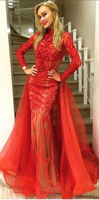 Elegant red Long Sleeve Evening Dress UK Tulle Mermaid Lace_2