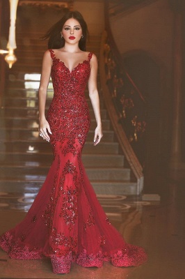 Gorgeous Red Mermaid Sequins Prom Dress UK Appliques Sweep Train_1