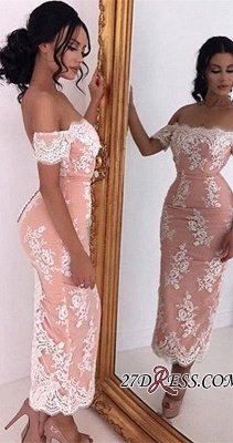 Elegant Tea-Length Bodycon Lace Off-the-shoulder Prom Dress UK_2