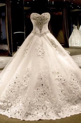 Luxurious Sweetheart Ball Gown Wedding Dress Crystal Beadss Long Train_1