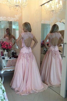 Delicate Pink Lace Appliques Prom Dress UK Sweep Train_1