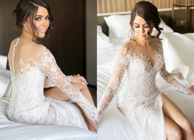 Sexy Mermaid Lace Appliques Wedding Dress Front Split Sweep Train_5