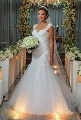 Modern Tulle Lace Appliques Sexy Mermaid Wedding Dress Sweep Train_1