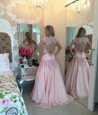 Delicate Pink Lace Appliques Prom Dress UK Sweep Train_2