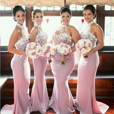 Halter Sleeveless Mermaid Bridesmaid Dress UK Lace Appliques_3