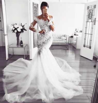 Elegant Long Sleeve Wedding Dress | 2019 Lace Sexy Mermaid Bridal Gowns_3