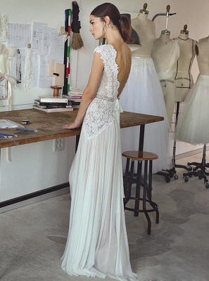 Long Elegant Cap-Sleeve Lace Crystal Lace Wedding Dress_3