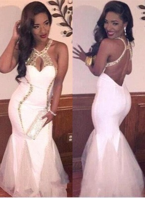 Designer White Halter Sleeveless Prom Dress Sexy Mermaid Gold Beads_1