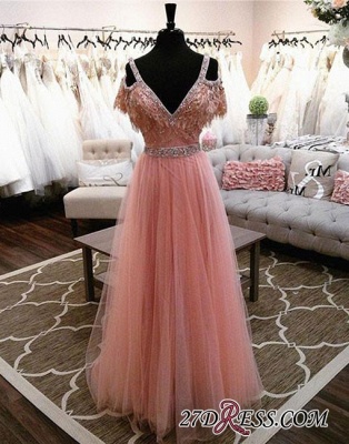 Lace Floor-length Charming Beading V-neck Pink A-line Evening Dress UK_1