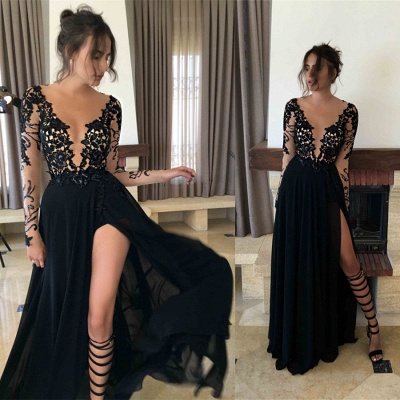 Elegant Black Long Sleeve Lace Prom Dress UK Long WIth Split BA3485_4