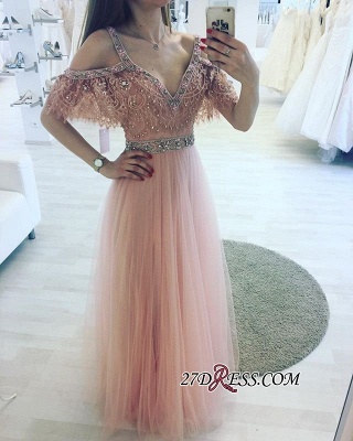 Lace Floor-length Charming Beading V-neck Pink A-line Evening Dress UK_2